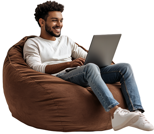 Young man happily working on laptop in casual setting – using Authority HUD